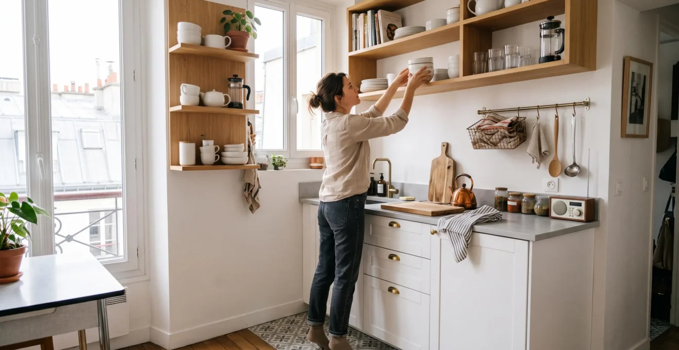 Une femme range des bols sur une étagère murale en bois au-dessus du plan de travail d'une petite cuisine lumineuse équipée de rails muraux et de paniers.