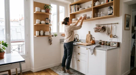 Une femme range des bols sur une étagère murale en bois au-dessus du plan de travail d'une petite cuisine lumineuse équipée de rails muraux et de paniers.
