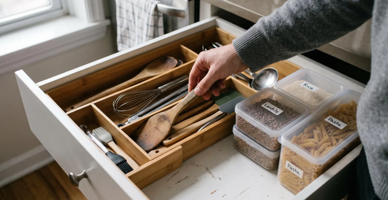 Gros plan sur un tiroir de cuisine compartimenté avec des séparateurs en bambou et des contenants empilables, une main saisissant un ustensile.