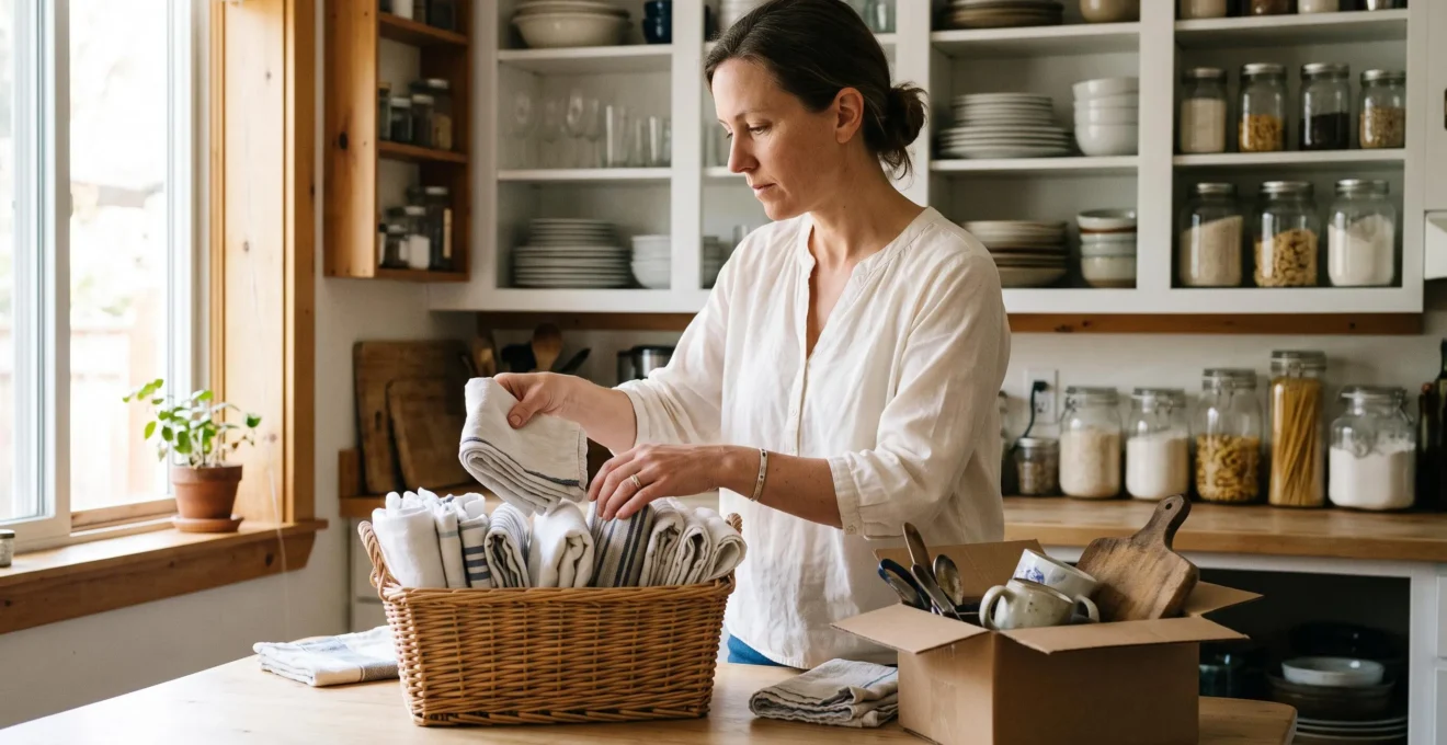 Une femme trie des torchons pliés verticalement dans un panier sur une table de cuisine, avec une boîte d'objets à donner à côté.